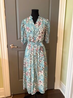 Suzy Shier Teal Floral Tie-Waist Midi Dress